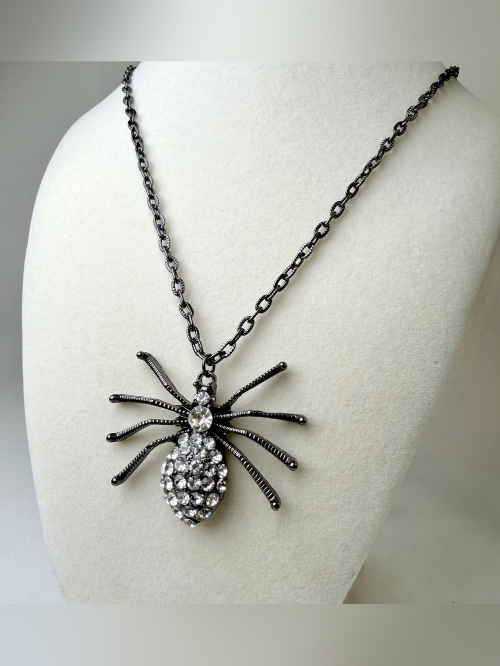 Rhinestone Spider Pendant Necklace Gunmetal Gothic Halloween Statement 30”